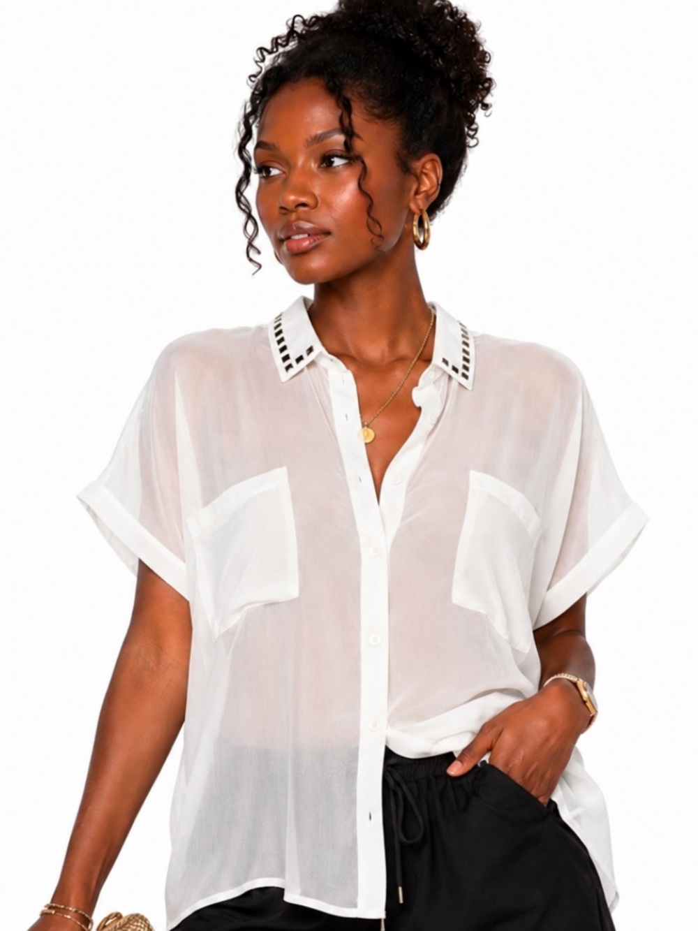 FOREVER 21 WHITE BRONZE STUDDED COLLAR SHORT SLEEVE BLOUSE L NWOT